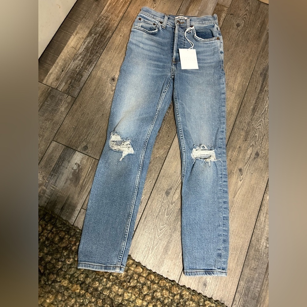 Re/Done Distressed Straight leg Jeans 605 Fade medium wash denim button fly
